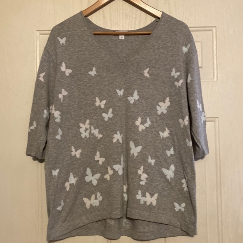 J. Jill Gray V-Neck Sweater with White Butterfly Pattern